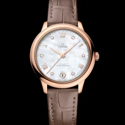 34 mm, Sedna™ gold on leather strap^OMEGA Best