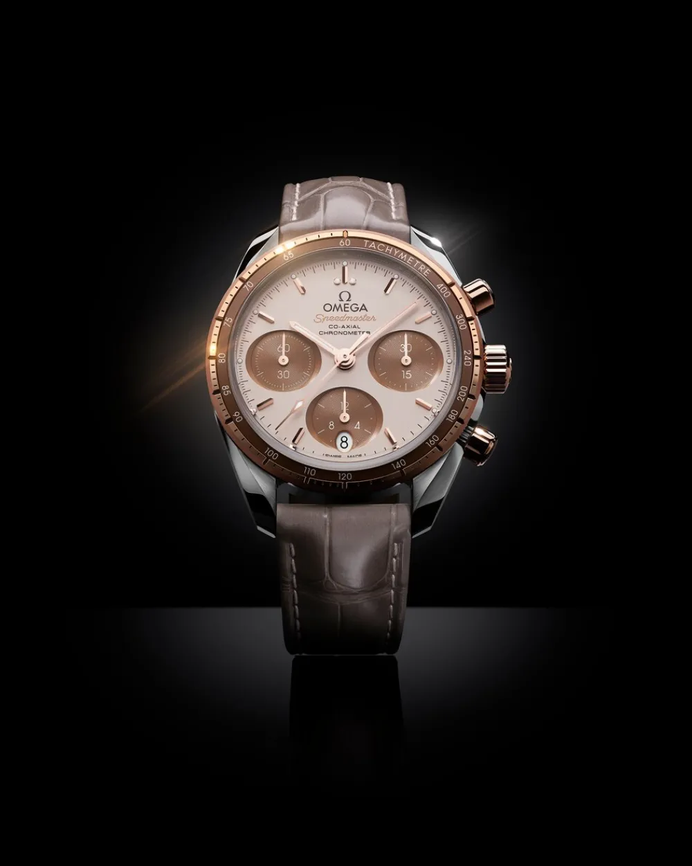 38 mm, steel ‑ Sedna™ gold on leather strap^OMEGA New